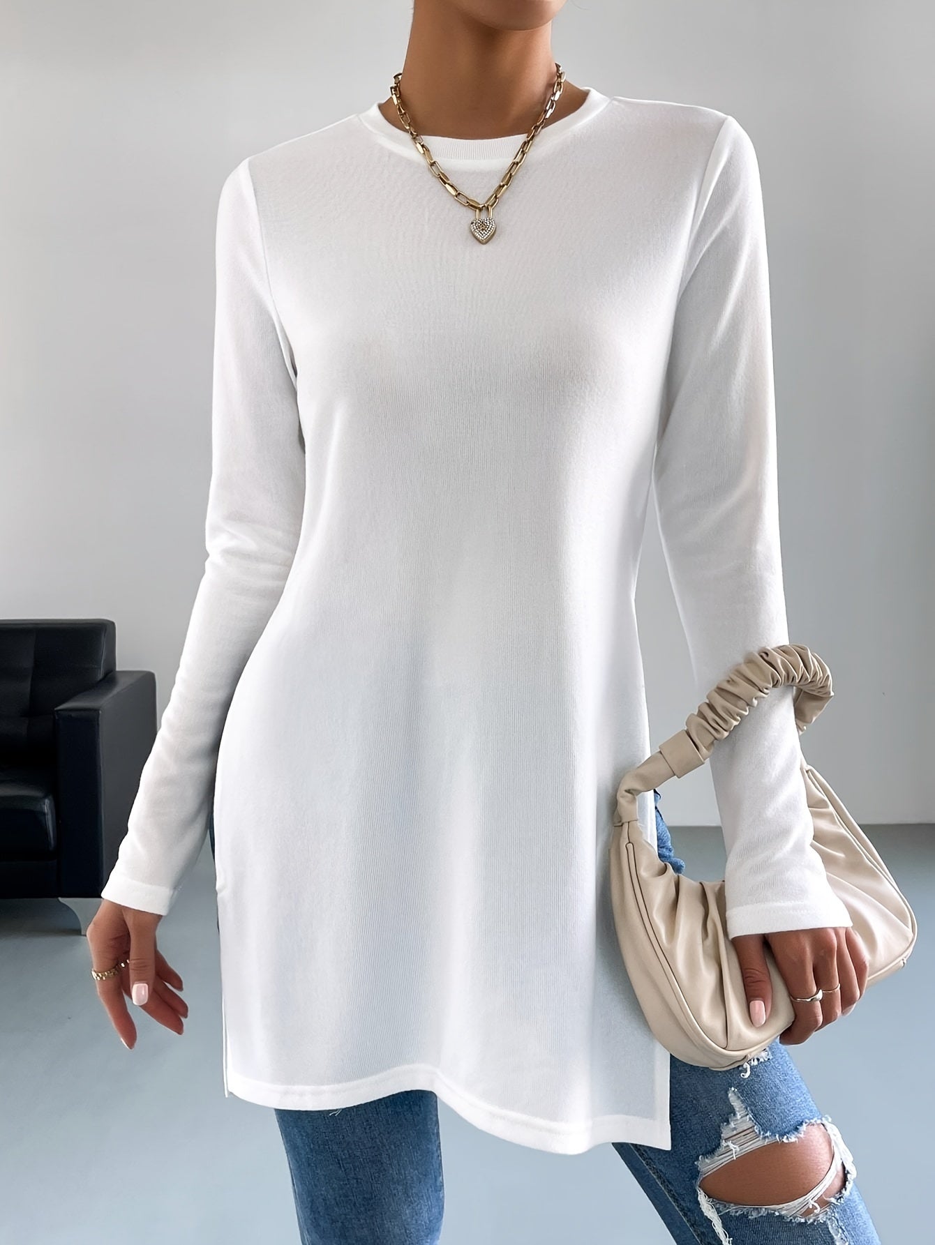 Lange mouw tuniek top - trendy dames top met zijsplitten
