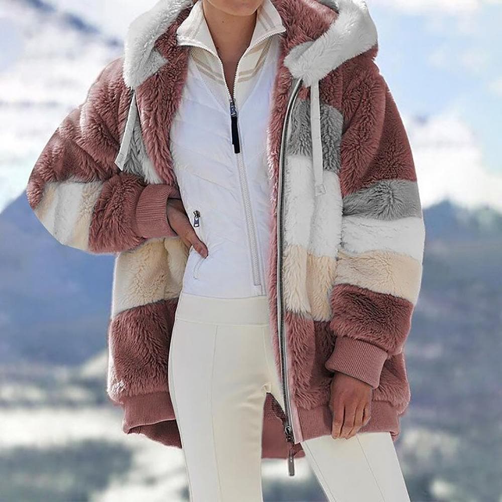 Oversized sherpa jas voor dames – gestreepte winterjas met ritssluiting - Bakkermode.nl