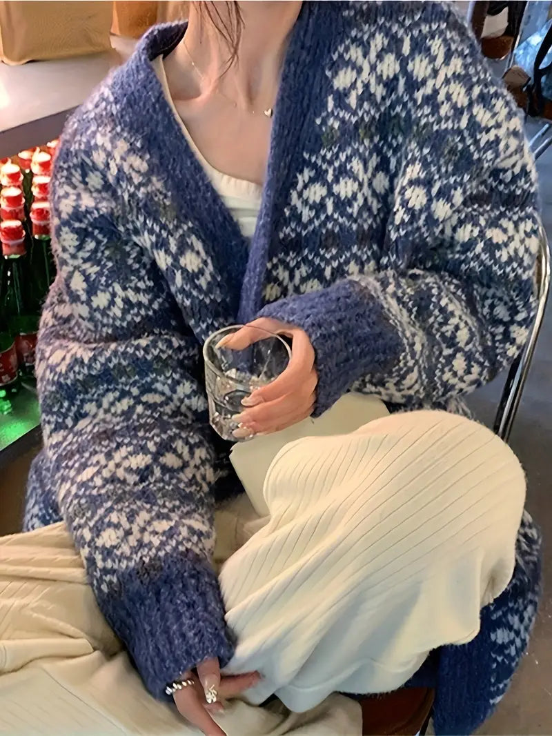 Blauwe lange gebreide cardigan - trendy oversized damestrui - Bakkermode.nl