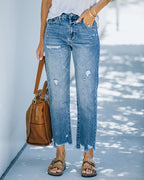 Rechtoe rechtaan jeans met versleten details - blauwe damesjeans