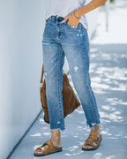 Rechtoe rechtaan jeans met versleten details - blauwe damesjeans