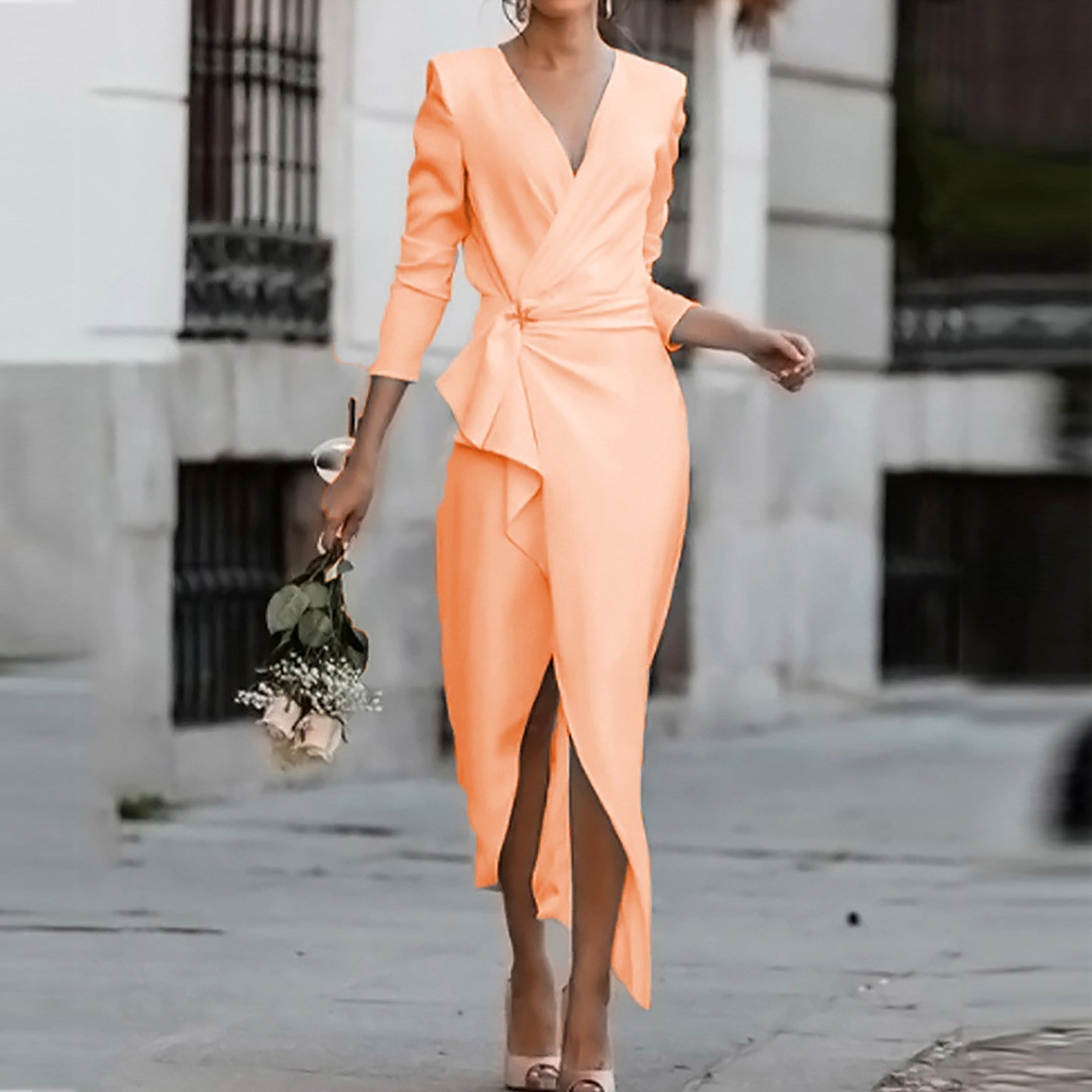 Vrouwen elegante oranje wikkel midi jurk - voor speciale gelegenheden