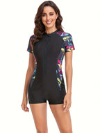 Dames zwart zip-up short sleeve badpak - geometrische print zwemkleding voor zwembad & strandactiviteiten