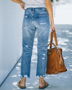Rechtoe rechtaan jeans met versleten details - blauwe damesjeans