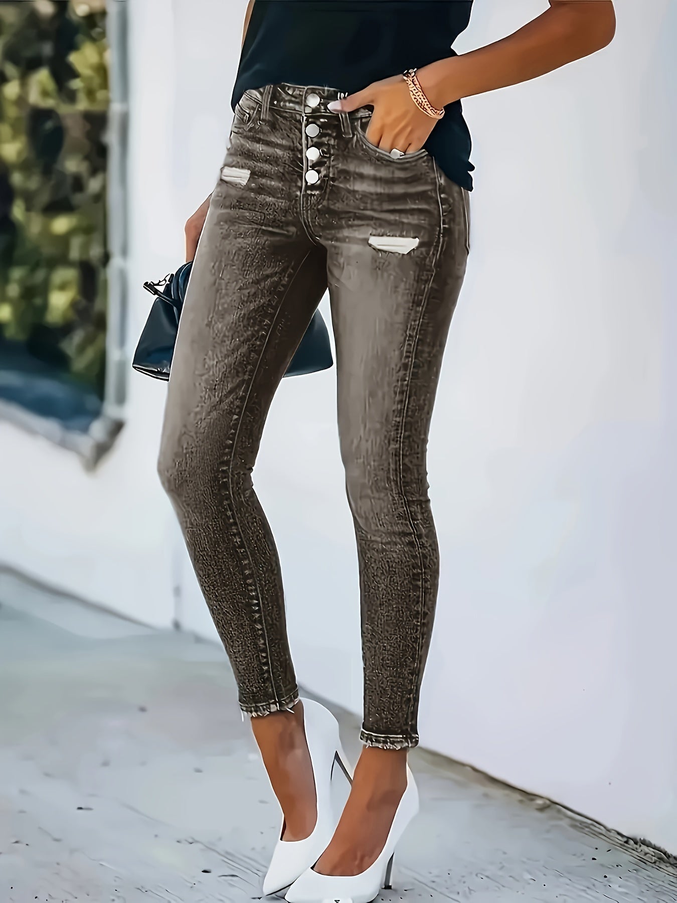 Hoge taille skinny jeans - chic denim broeken met knopdetail