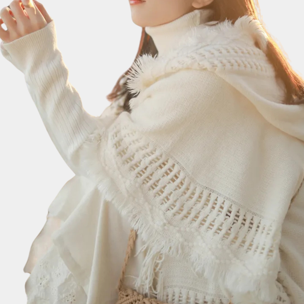 Beige poncho trui - stijlvolle gebreide poncho met capuchon voor dames