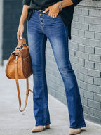 Medium blauwe hoge taille flared jeans voor dames - relaxte denim broeken