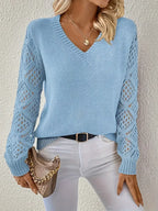 Dames gebreide trui met elegante v-hals - lichtgewicht pullover met kanten mouwen voor casual wear