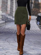 Olijfgroen corduroy mini rok - hoge taille met zijsplit