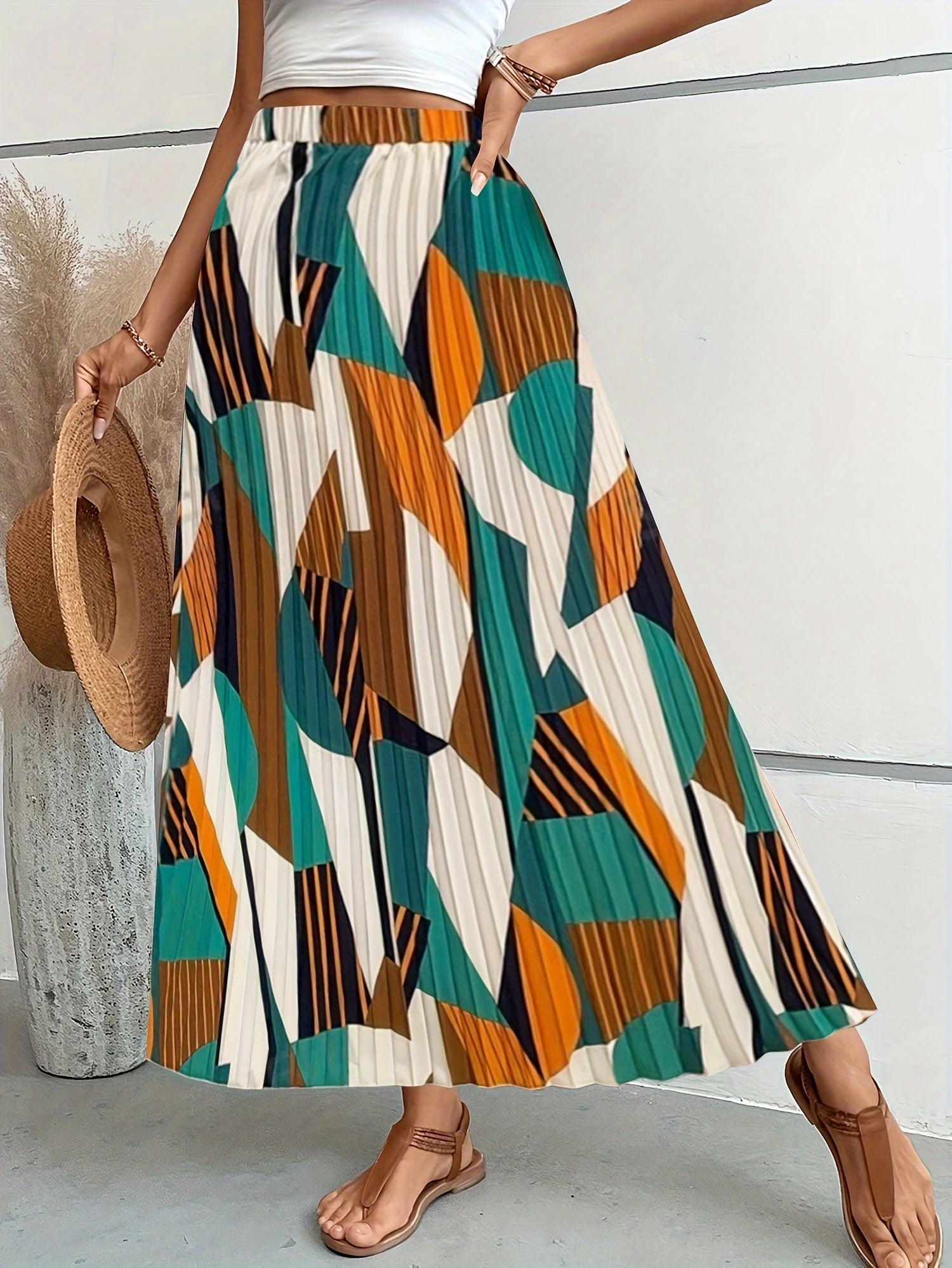 Vrouwen maxi rok met plooien - geometrische print voor casual en avondkleding