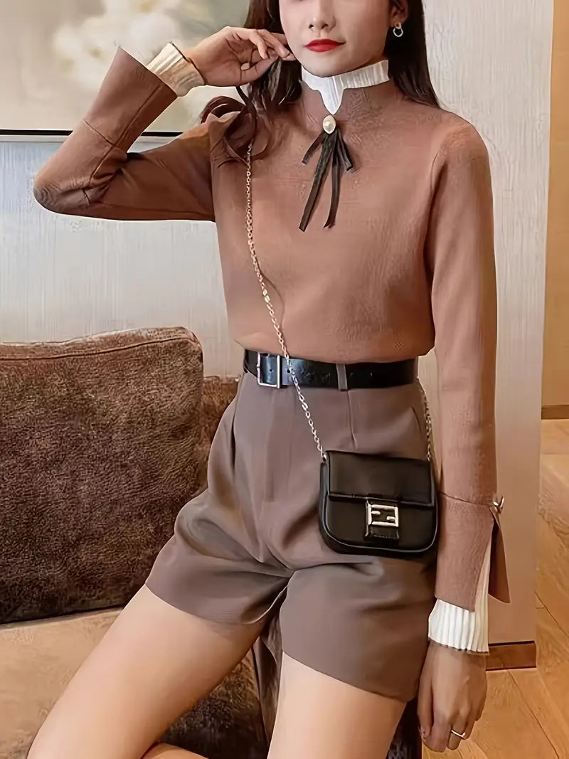 Dames casual top - elegante geribbelde gelaagde blouse met decoratieve strik