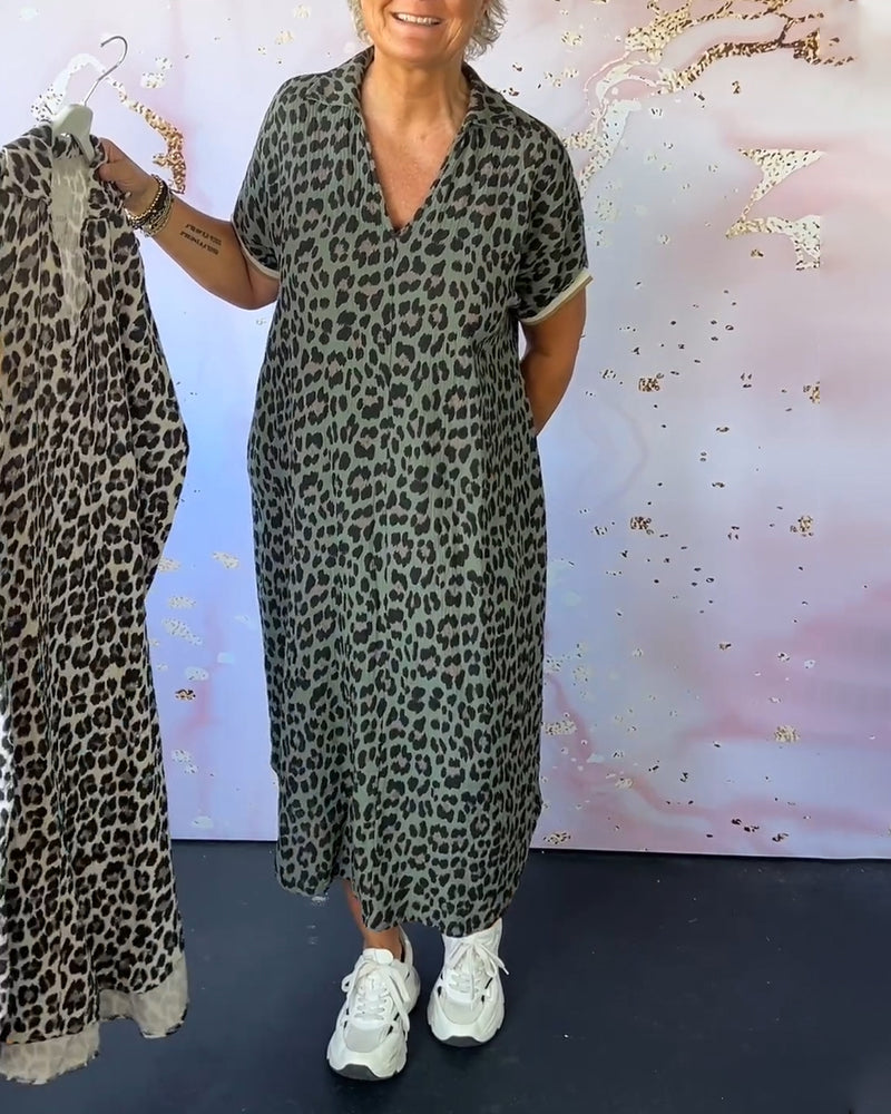 Leopardprint maxi jurk met v-hals - trendy damesjurk