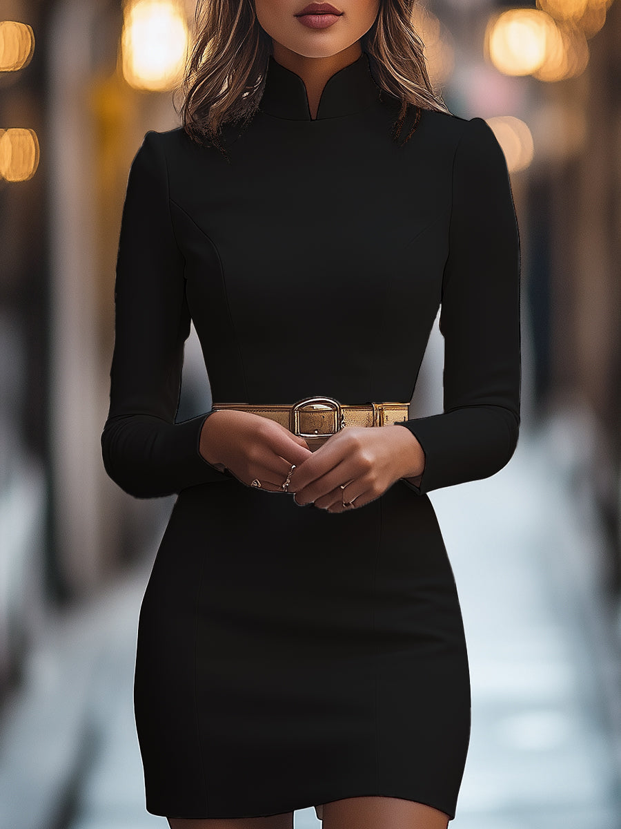 Elegante mini-jurk met mandarinakraag en ceinture - stijlvolle damesjurk