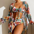 3-delige vrouwen bikini set met tropische print - hoge taille zwemkleding met sheer cover-up voor zonnige stranddagen