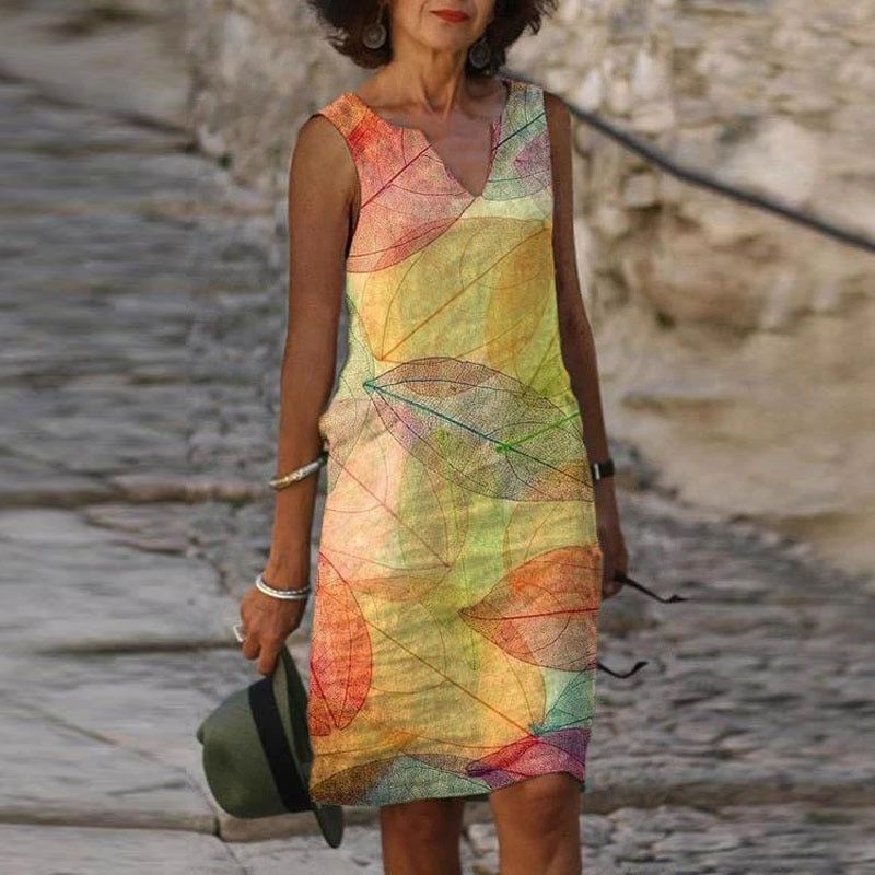 Zomerse casual jurk met bladerenprint - mouwloos a-lijn ontwerp voor tuinfeesten en stranduitstapjes