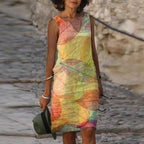 Dames jurk met bladerenprint - chique v-hals zonder mouwen voor alledaagse elegantie