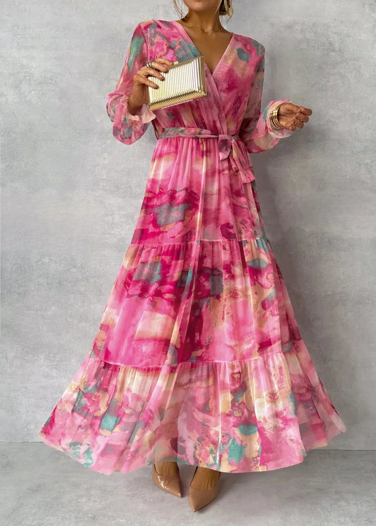 Dames maxi jurk met bloemenprint - elegante roze jurk voor vrije tijd en avondmode