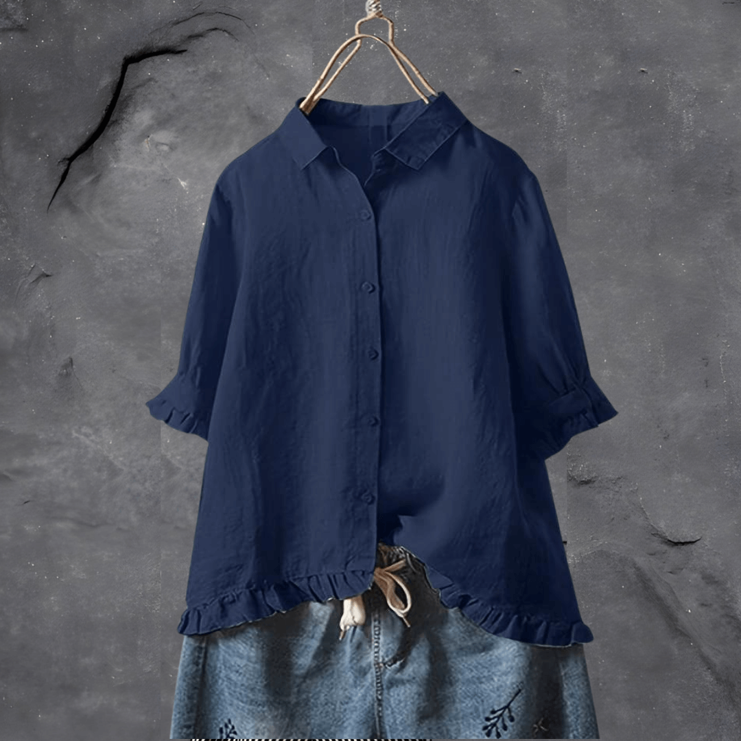 Dames lichte button-up blouse met relaxte fit en ruffle zoom - veelzijdige casual stijl