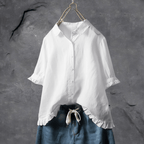 Dames lichte button-up blouse met relaxte fit en ruffle zoom - veelzijdige casual stijl