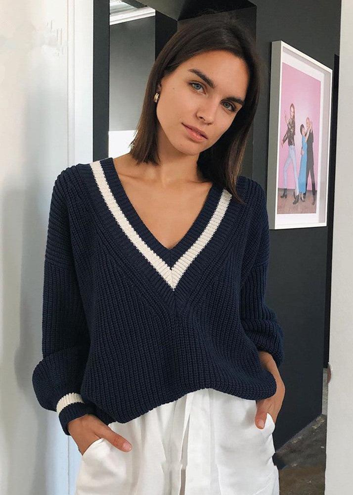 Gebreide trui - casual dames trui met contrasterende stiksels en losse pasvorm - Bakkermode.nl