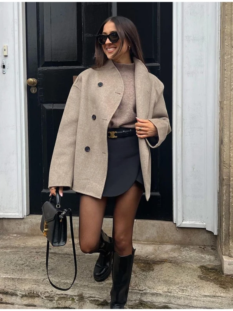 Khaki dubbele-breasted jas - stijlvolle oversized damesouterwear