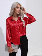 Dames satijnen blouse met lange mouwen - chique lichtgewicht blouse voor kantoor