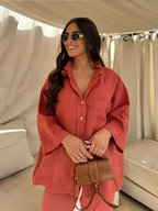 2-delige vrouwenlinnen blouse en broek set - luchtige zomeroutfit voor casual gebruik