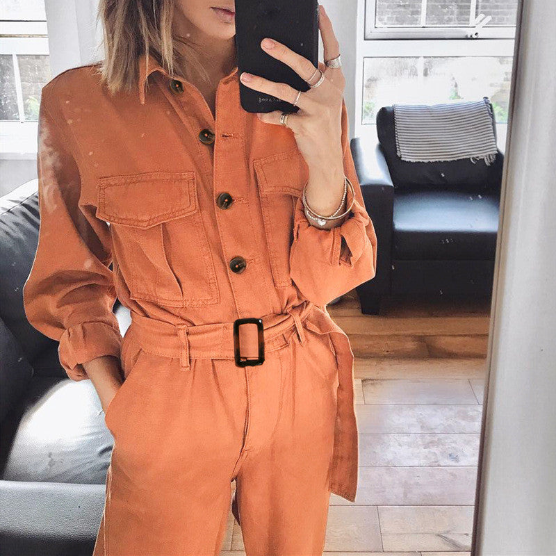 Damesoveralls - stijlvolle casual jumpsuit in oranje met lange mouwen en ceintuur