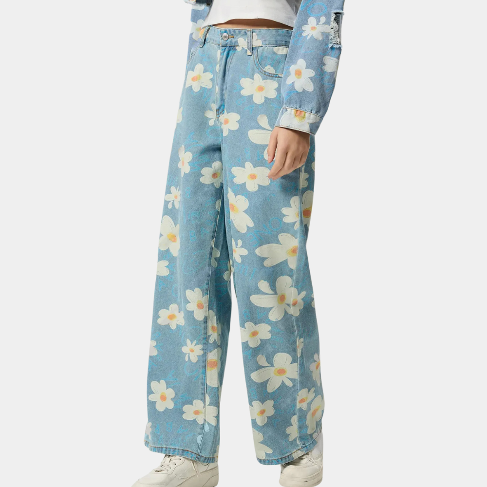 Blauwe denim damesbroek - wijde bloemenjeans
