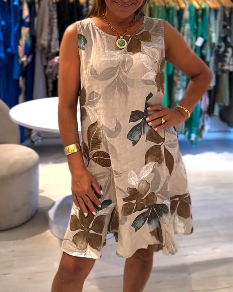 Mouwloze jurk met ronde hals en betoverende bladerenprint - khaki damesjurk