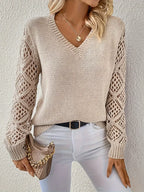 Dames gebreide trui met elegante v-hals - lichtgewicht pullover met kanten mouwen voor casual wear