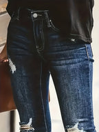 Diepblauwe distressed skinny jeans - trendy dames denimbroek