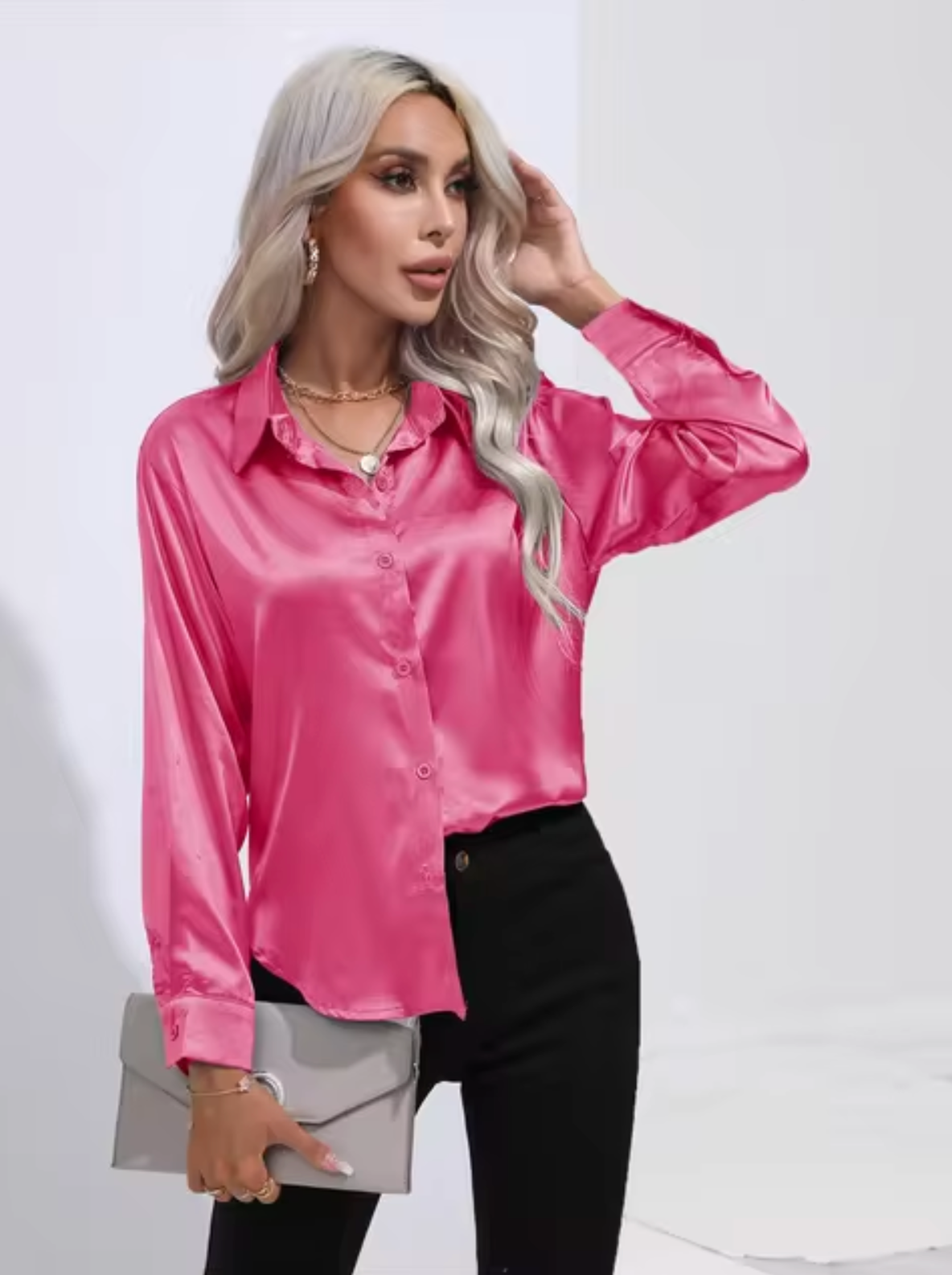 Dames satijnen blouse met lange mouwen - chique lichtgewicht blouse voor kantoor