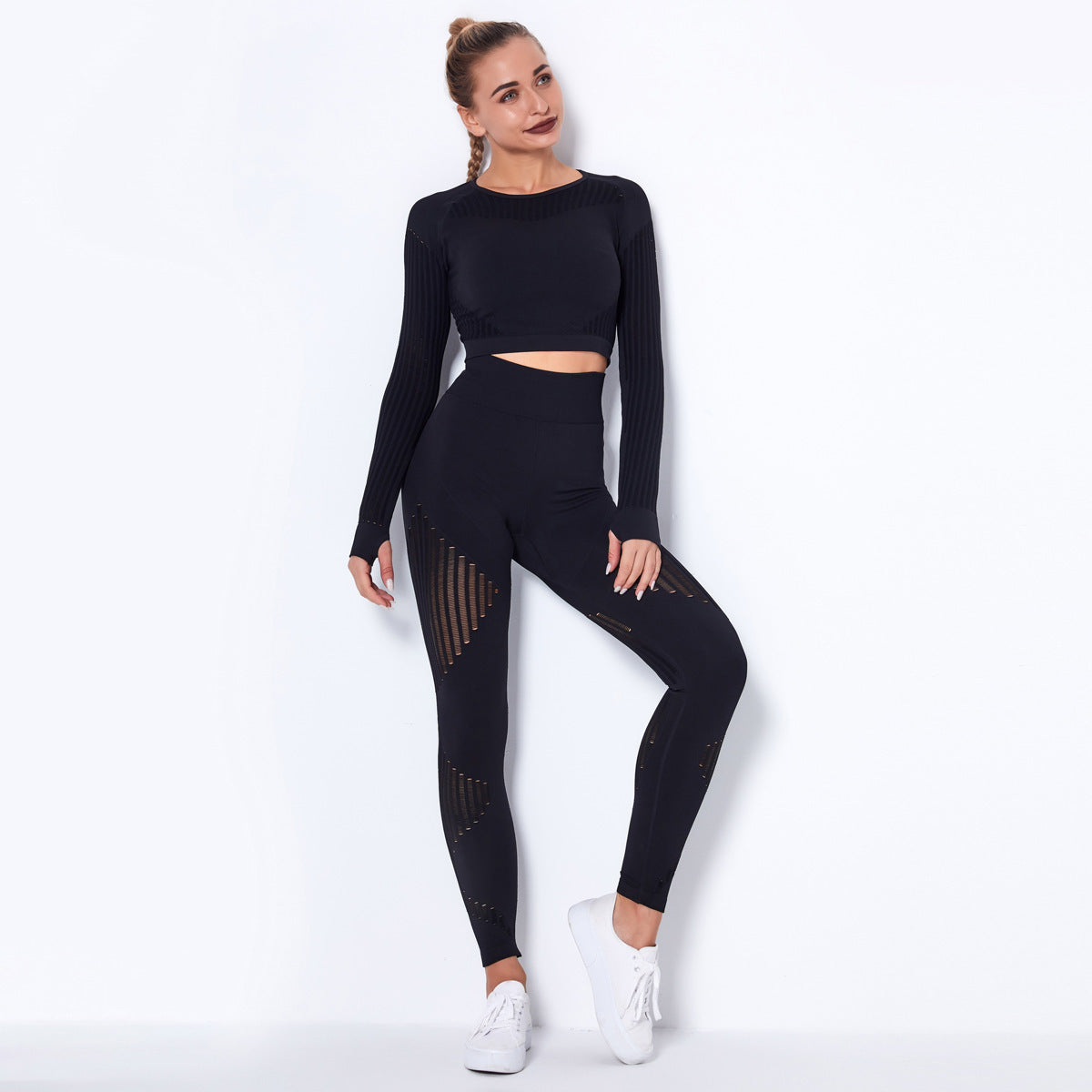 2-delige sportset gebreide absorberende yoga set - lange mouwen yoga pak voor dames - Bakkermode.nl