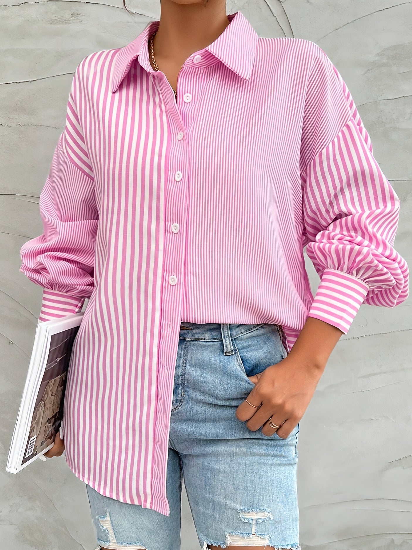 Roze gestreepte blouse - modieuze dames button-up top