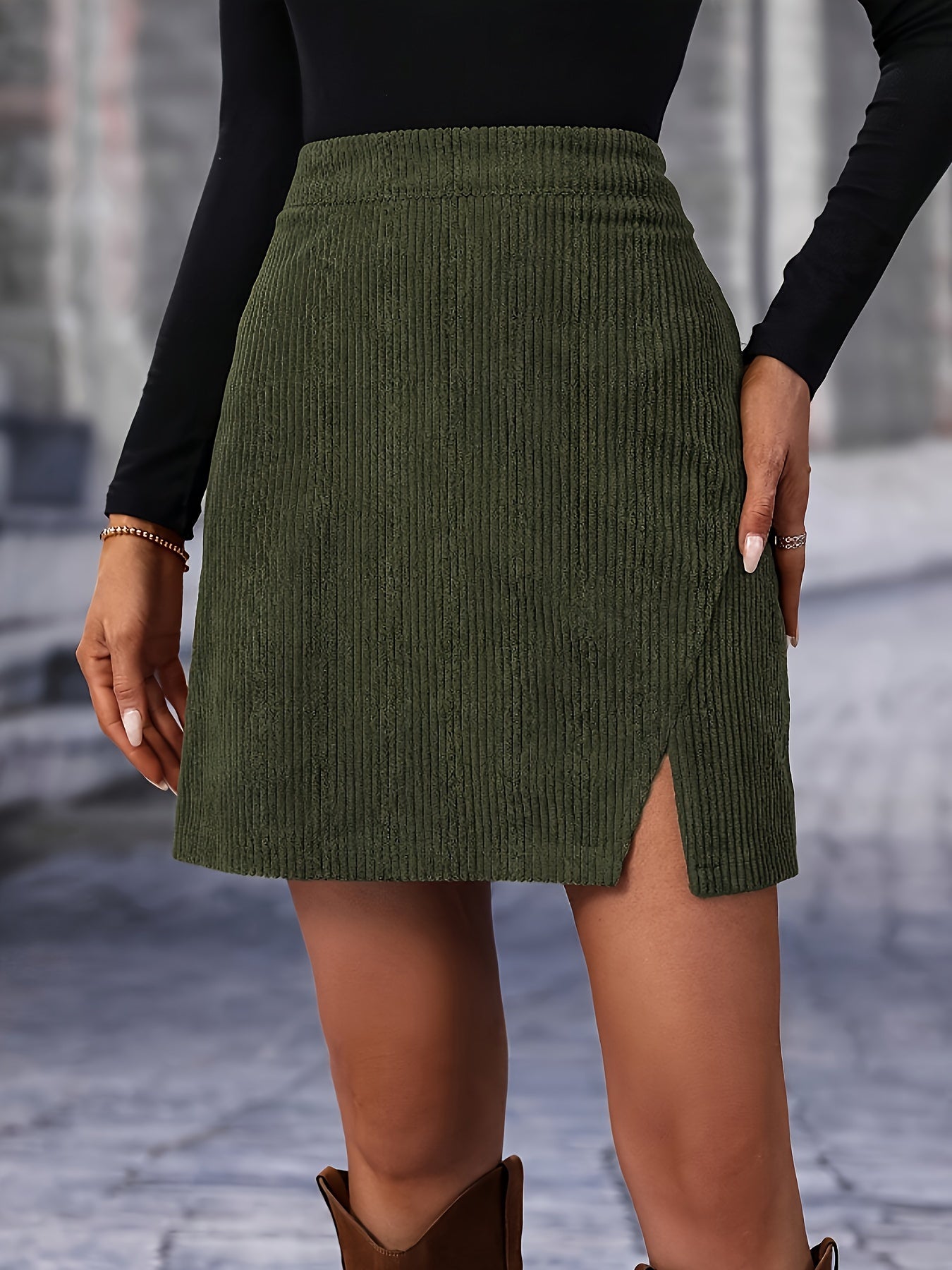 Olijfgroen corduroy mini rok - hoge taille met zijsplit