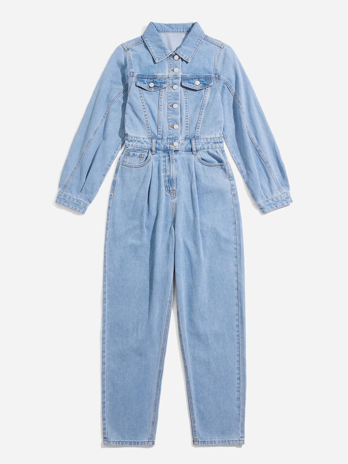 Denim jumpsuit met klepzakken - stijlvolle blauwe dames overall