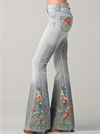 Flared jeans met vintage bloemenprint - dames stijlvolle denim broeken