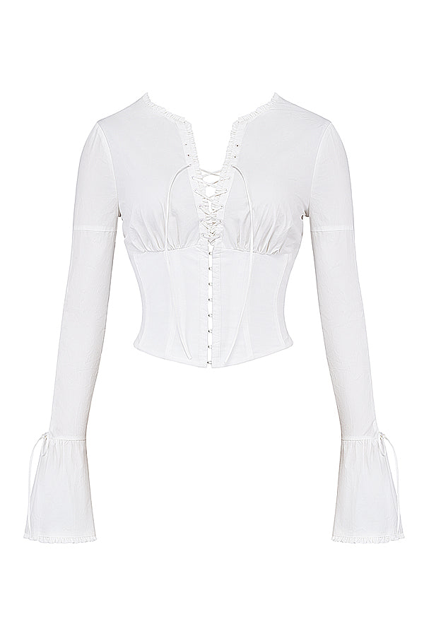Dames witte lace-up blouse - elegante getailleerde top