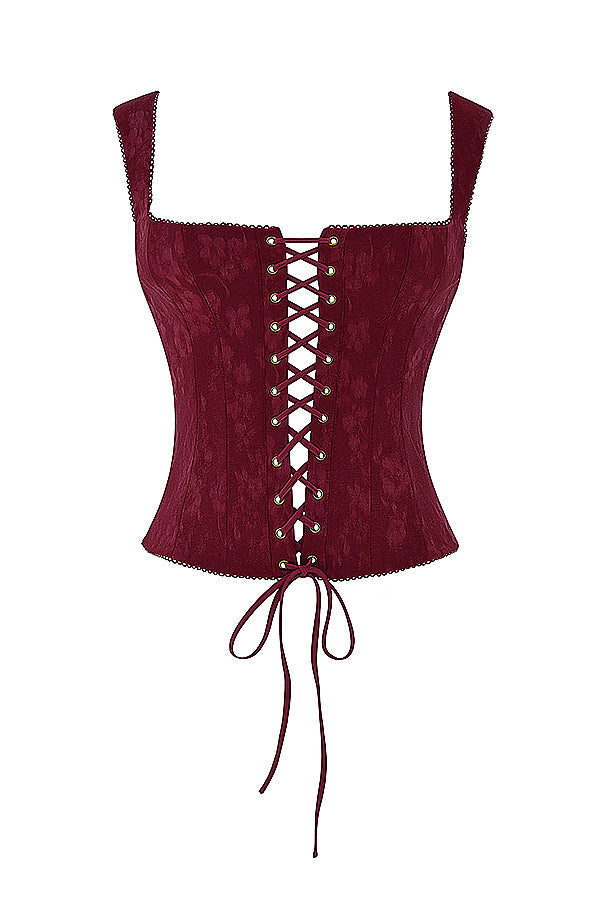 Dames lace-up corset top - rijke merlot blouse met elegante uitstraling