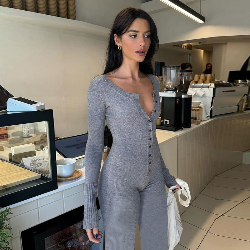 Dames jumpsuit gebreide loungewear - elegante lange mouwen bodysuit voor casual uitstapjes