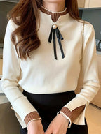 Dames casual top - elegante geribbelde gelaagde blouse met decoratieve strik