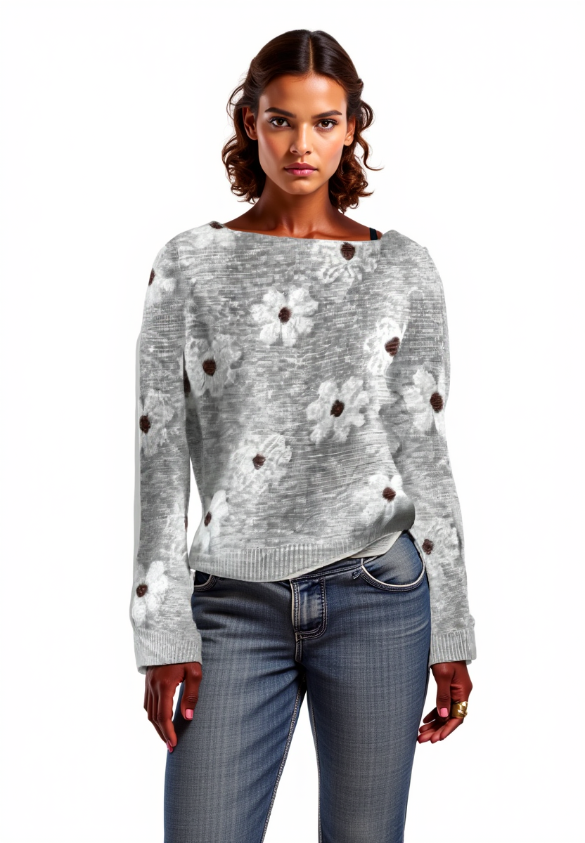 Grijs gebloemd damestruitje - zachte gebreide sweater met bloemenpatroon