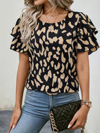 Dames tops met luipaardprint blouse met korte mouwen - chique casual zwarte outfit voor vrouwen