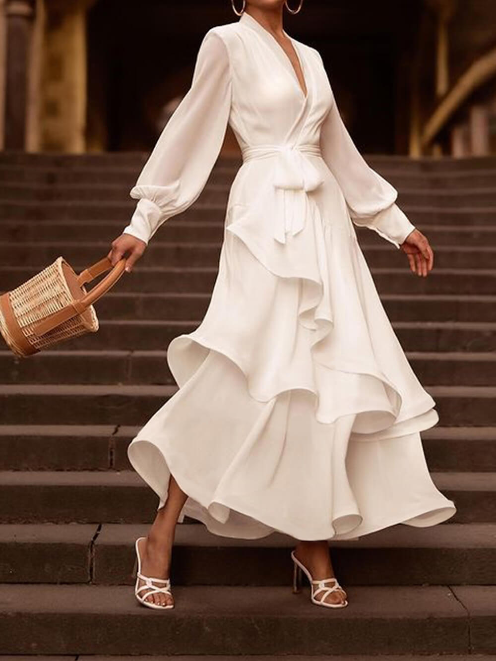 Langdurige mouw wikkeljurk - stijlvolle witte damesjurk