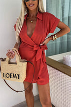 Vrouwen gezellige wikkeljurk in lichtgewicht linnen - elegante korte mouwen v-hals jurk voor dagelijks gebruik