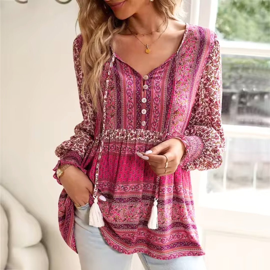 Dames bohemian blouse - trendy lange mouwen top met prints