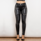 Dames slim fit zwarte leren broek met ritsdetails - elegante casual bottoms voor vrouwen