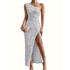 Dames feestjurk - sprankelende one-shoulder avondjurk met zijsplit - elegante formele kleding