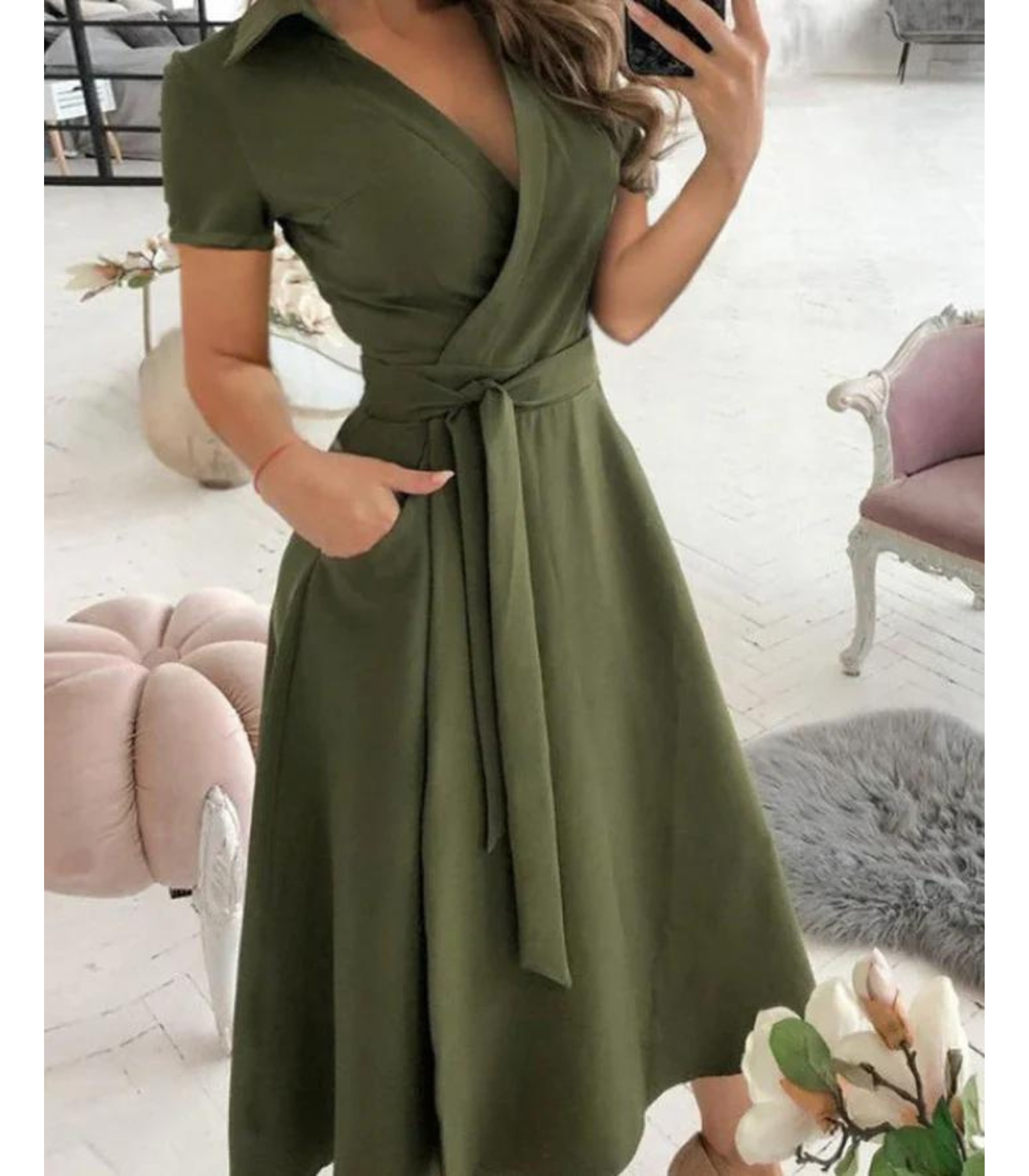 Midi wikkeljurk - verfijnde groene jurk met strik taille